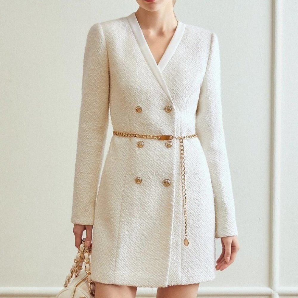 BEIGE PREMIUM WOOL-MIX TWEED FITTED DRESS - Picture 4 of 5